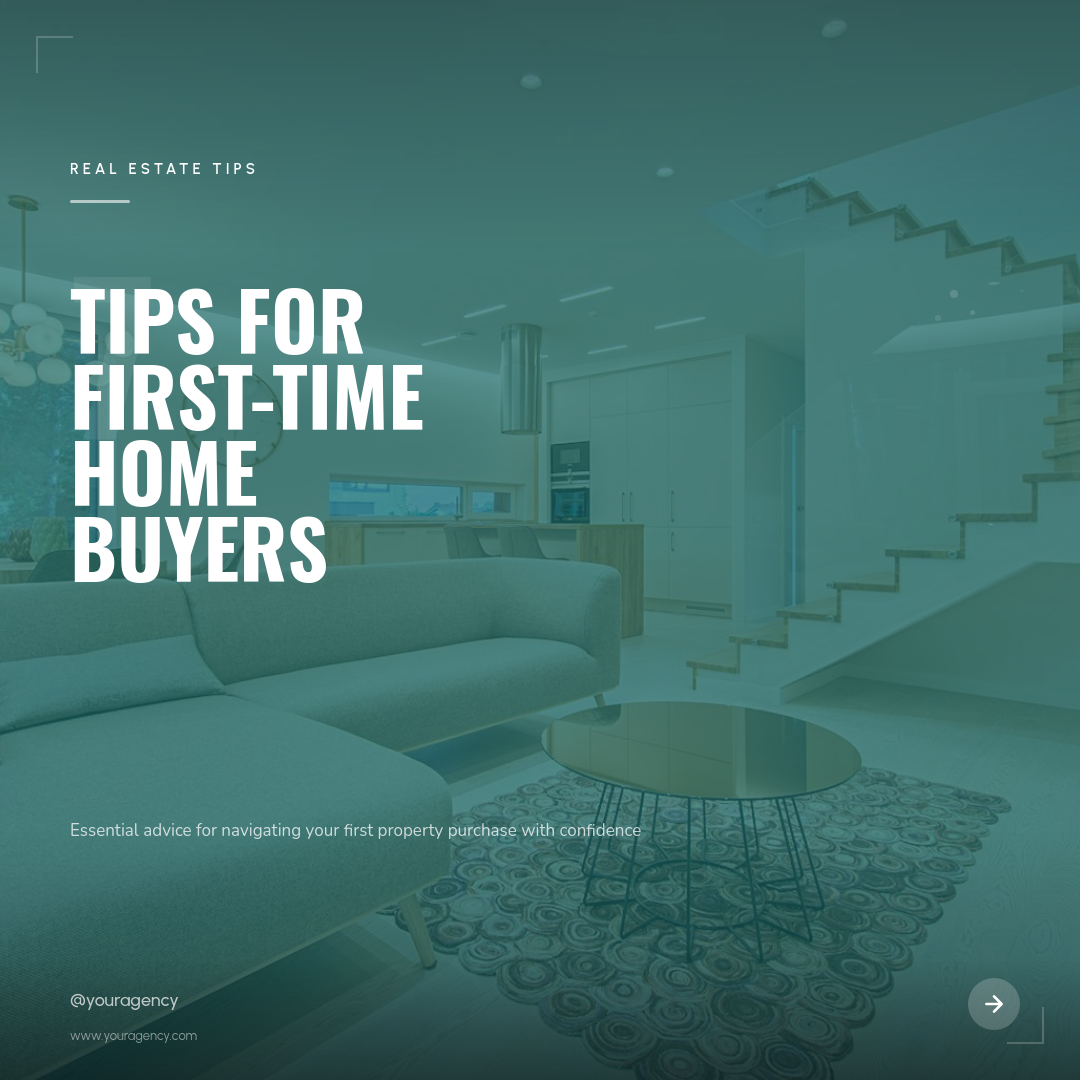 Bold Teal Overlay Real Estate Tips Post with Giant Condensed Headline on Interior Photo