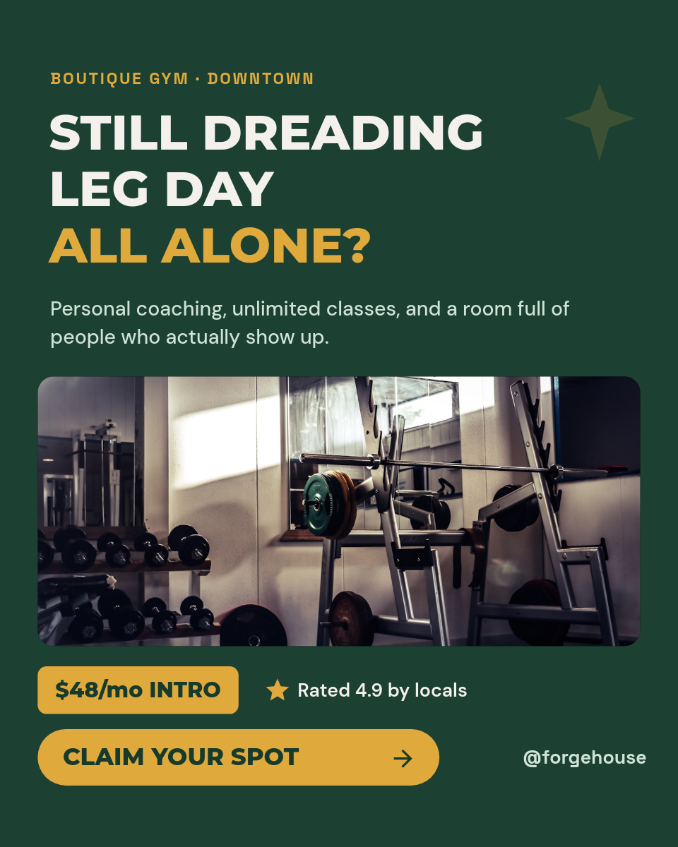 Pine Green & Mustard Gym Promo Ad — Bold Question Hook, Photo Hero, Price Chip & CTA Pill