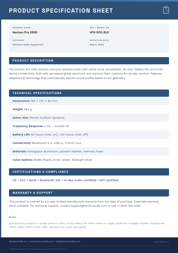 Professional Product Specification Sheet with Steel Blue Headers