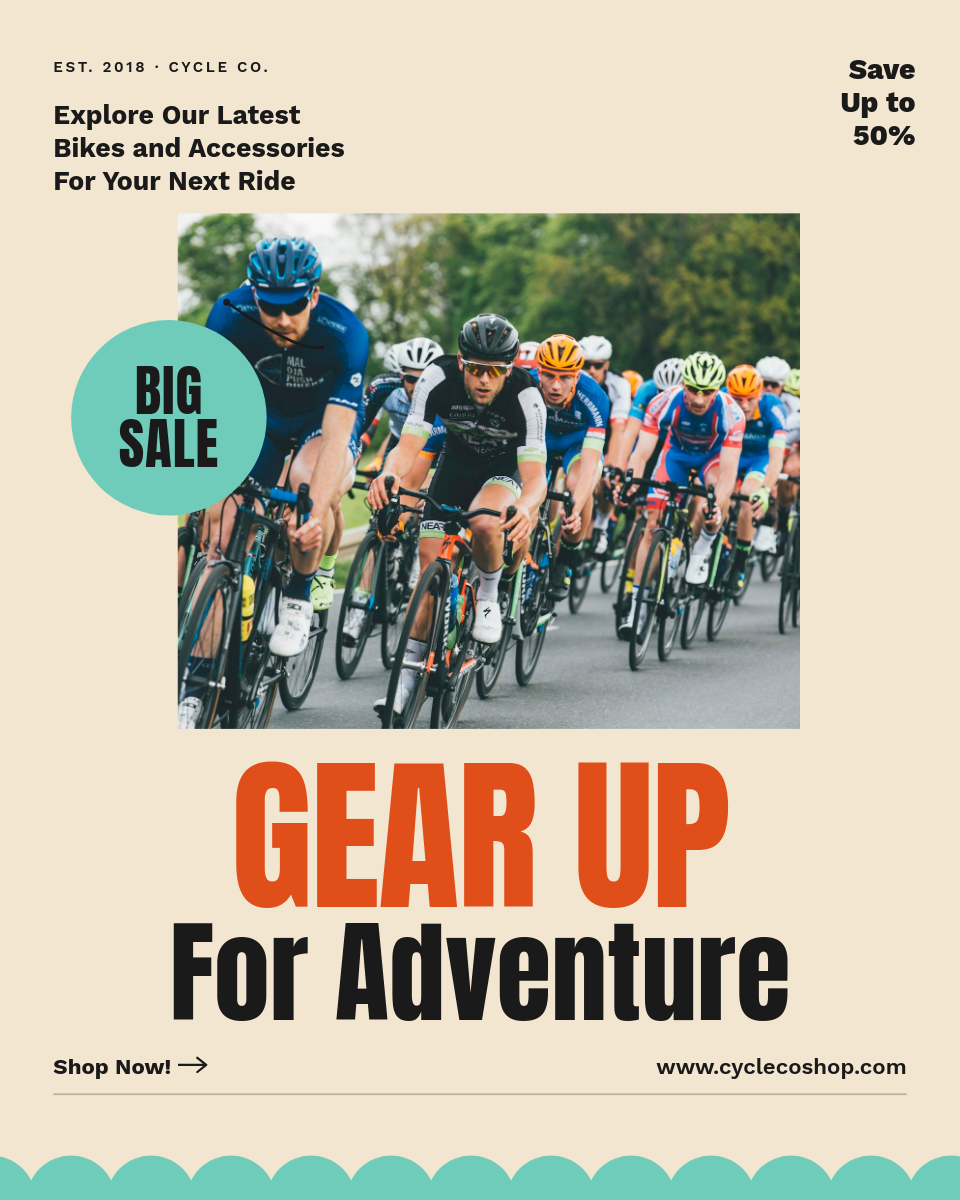 Vintage Cream & Teal Cycling Gear Adventure Sale Ad with Giant Anton Headline