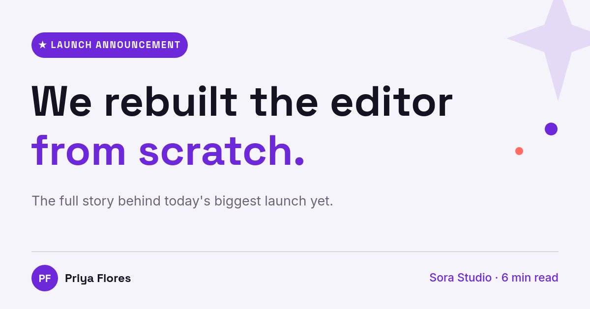 Light Violet Product-Launch Blog OG Card — Space Grotesk Bold Curiosity Headline, Spark Mark & Byline Footer
