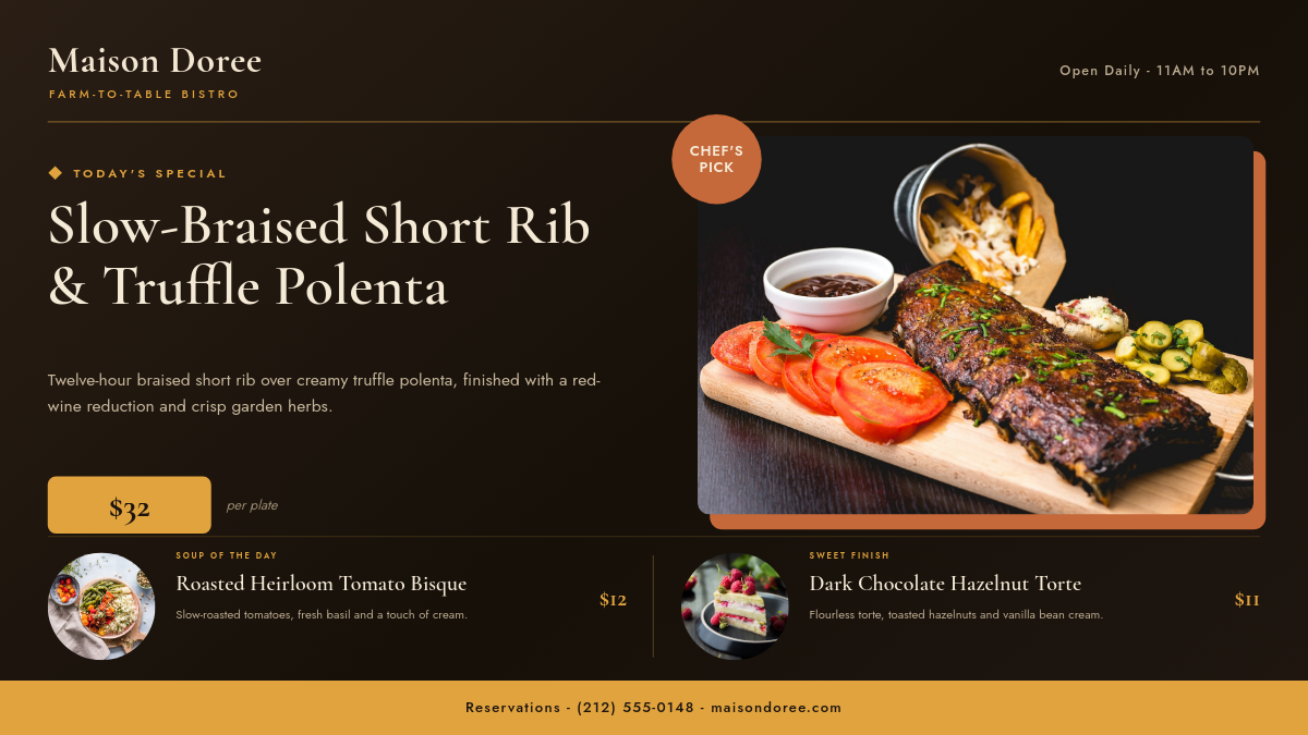 Warm Dark Daily Specials Restaurant Menu Board with Hero Dish