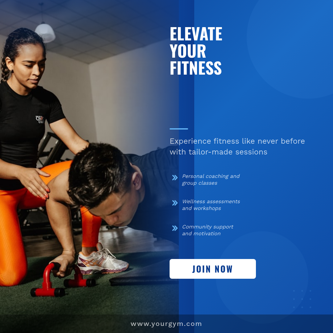 Bold Blue Fitness Gym Membership Promo with Photo Hero and Feature List