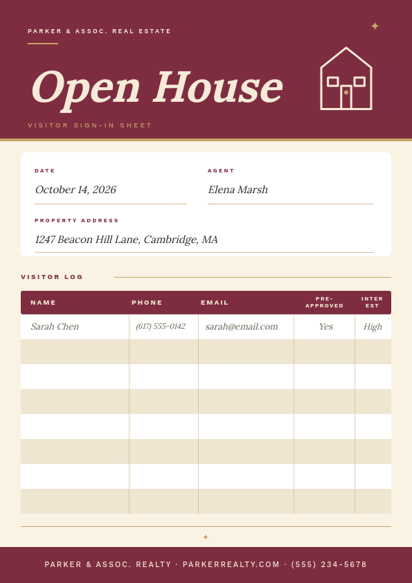 Wine and Cream Editorial Open House Visitor Sign-In Sheet A4 Real Estate Document with Lora Italic Title, House Key SVG, Info Card and Structured Visitor Log Table