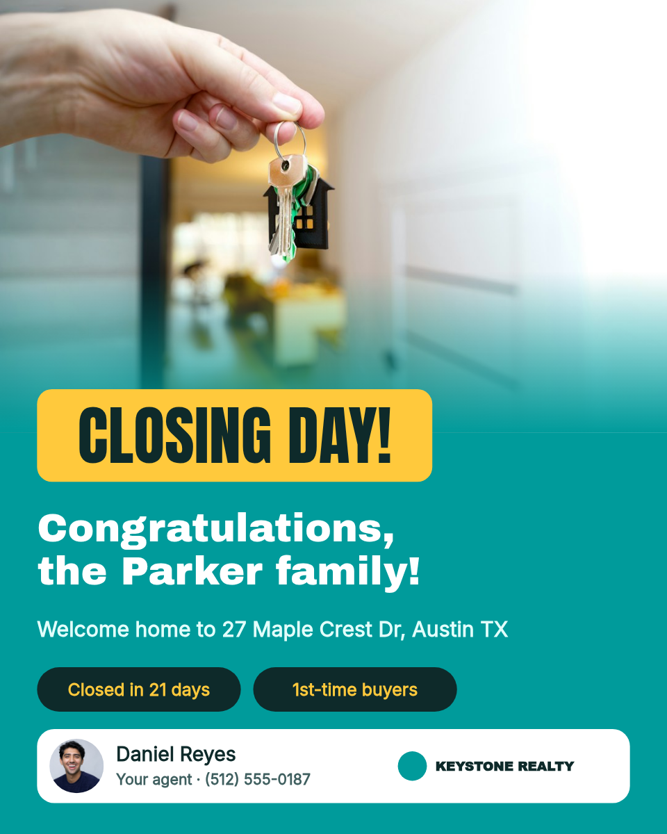 Real Estate Closing Day Post + Story — Teal & Sunflower - Page 1