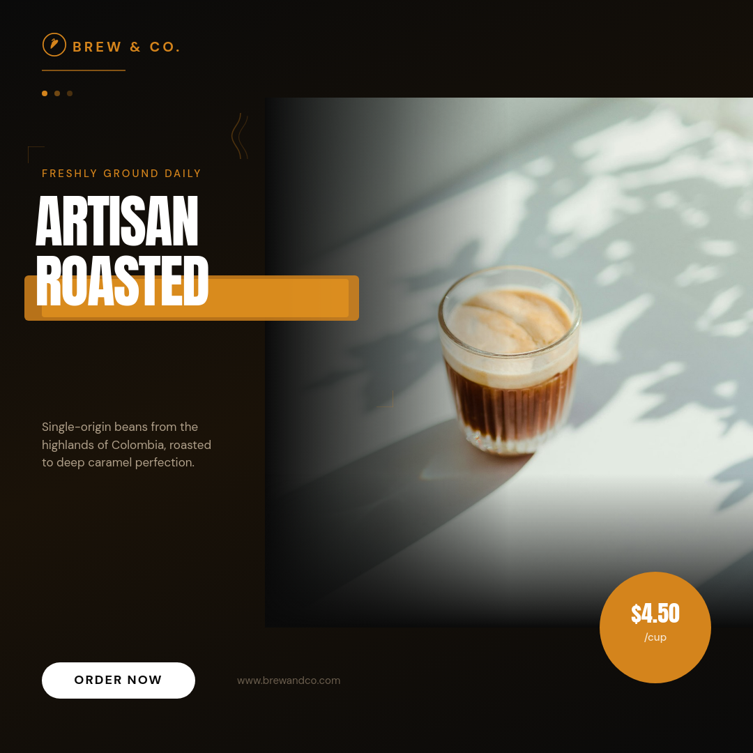 Bold Dark Artisan Coffee Ad with Amber Brush Accent and Condensed Typography