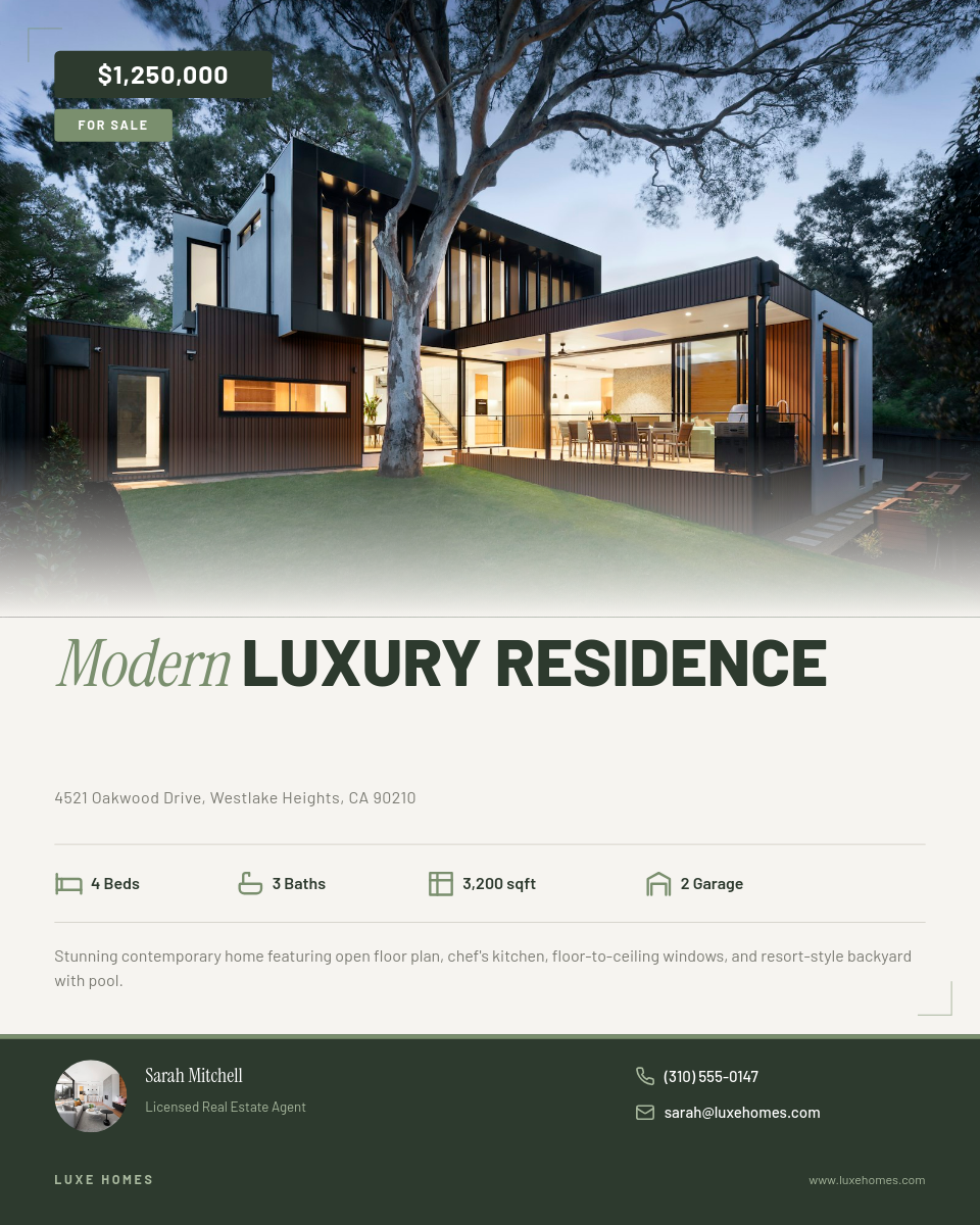 Clean Neutral Property Listing with Mixed Serif Headline and Specs Icons Row