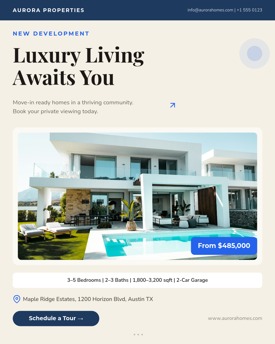 Warm Cream New Development Listing with Blue Accents and Lifestyle Photo Frame