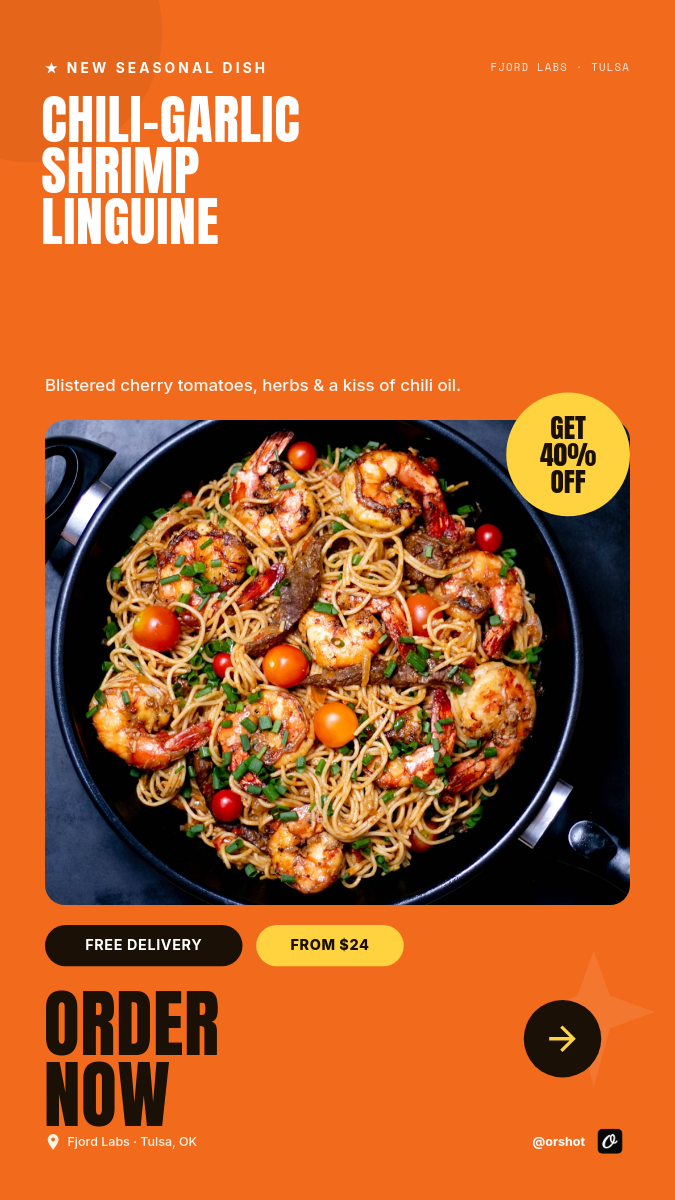 Tangerine Seasonal Pasta Promo Story — Anton Condensed Caps, Dish Photo & Offer Coin