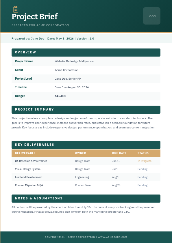 Teal and White Project Brief Document with Structured Overview and Deliverables Table