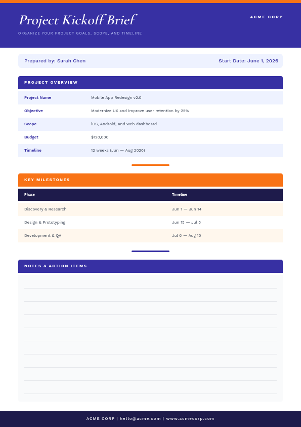 Indigo and Coral Project Kickoff Brief with Structured Tables and Milestone Tracker