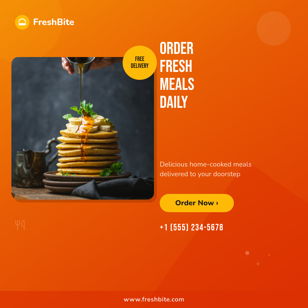 Vibrant Orange Food Delivery App Promo with Bold Condensed Headline and Hero Photo