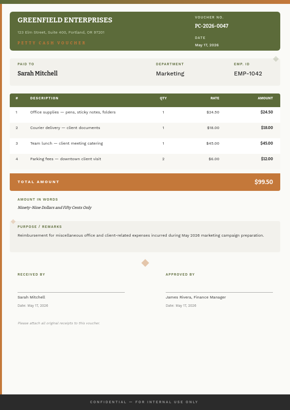 Clean Olive Petty Cash Voucher with Copper Accents and Dual Approval Signatures