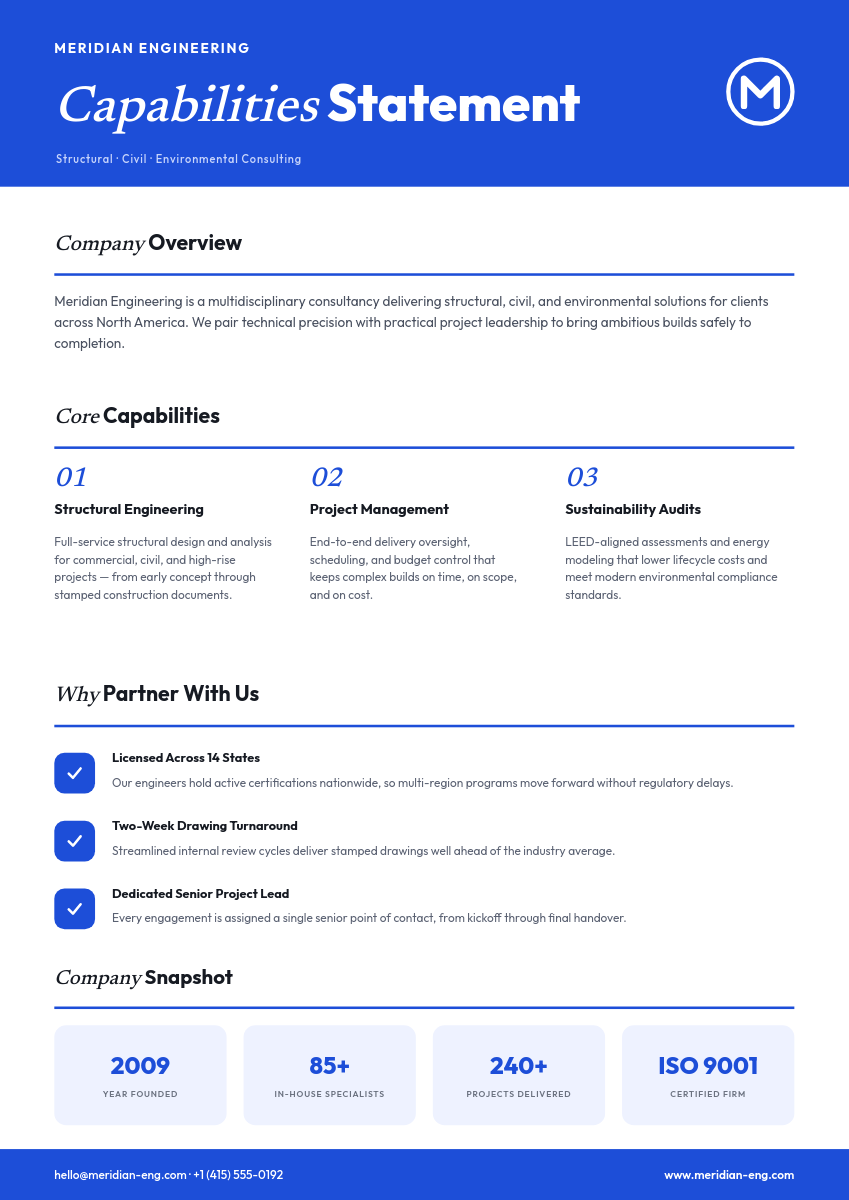 Royal Blue Capabilities Statement A4 Document with Italic Header