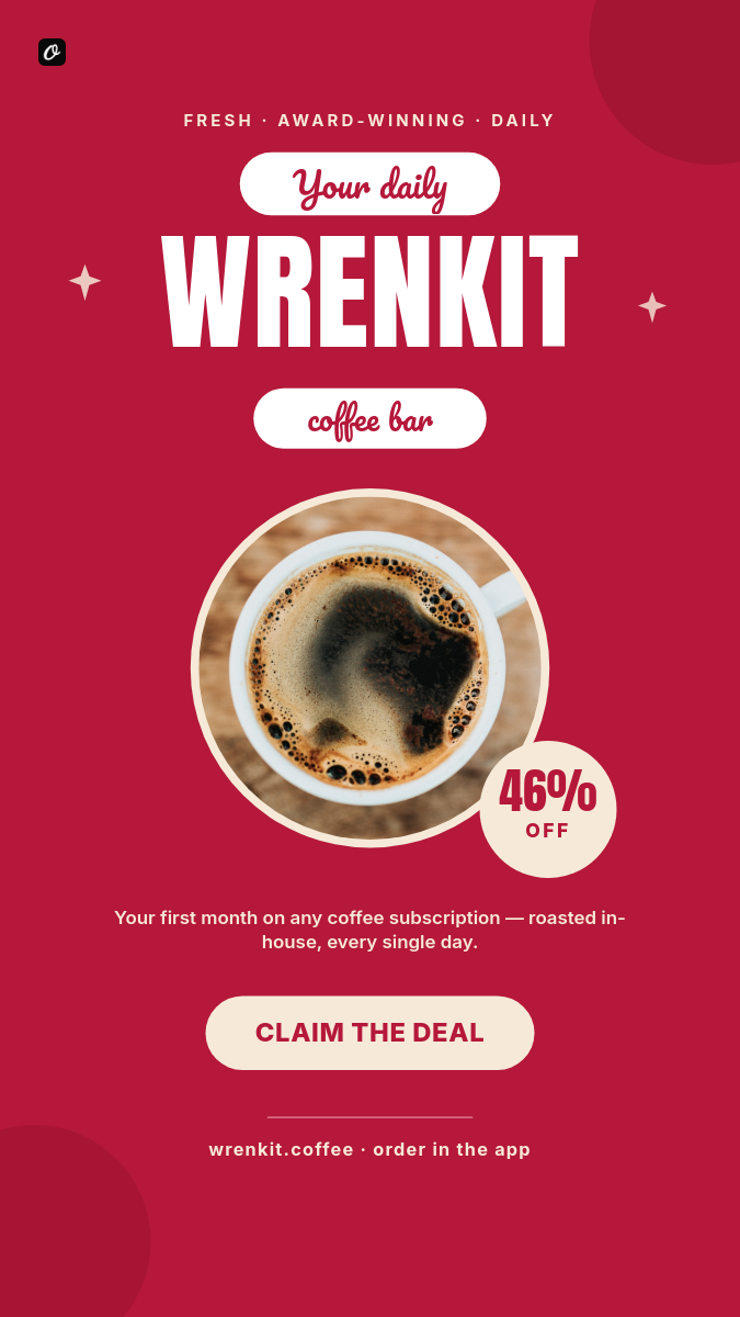 Crimson Coffee Subscription Promo Story — Anton Wordmark, Pacifico Script Pills & Scalloped Discount Badge
