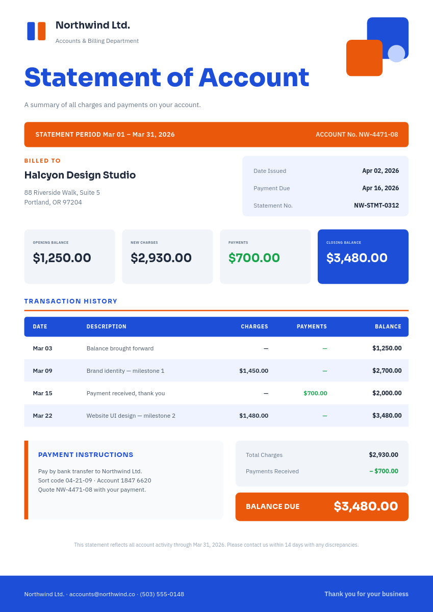 Royal Blue Statement of Account with Transaction Table