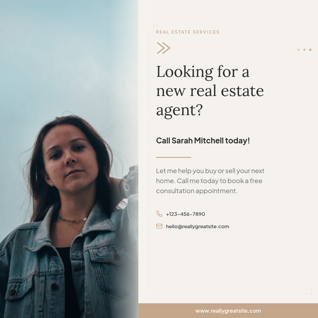 Clean Taupe Split-Layout Agent Introduction with Serif Headline and Chevron Accent