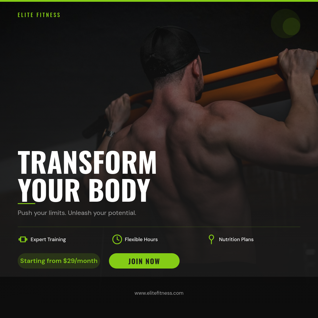 Dark Charcoal Gym Membership Promo with Electric Lime Accents and Fitness Photo