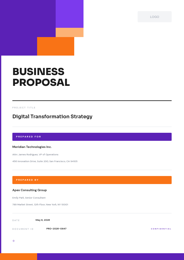 Bold Geometric Business Proposal Cover with Purple and Coral Accent Blocks