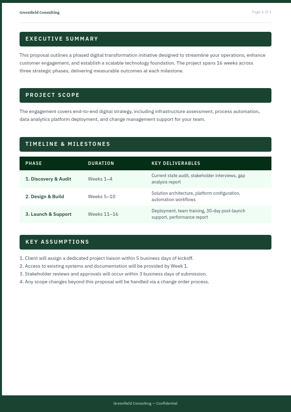 Corporate Project Proposal with Forest Green Section Headers - Page 2