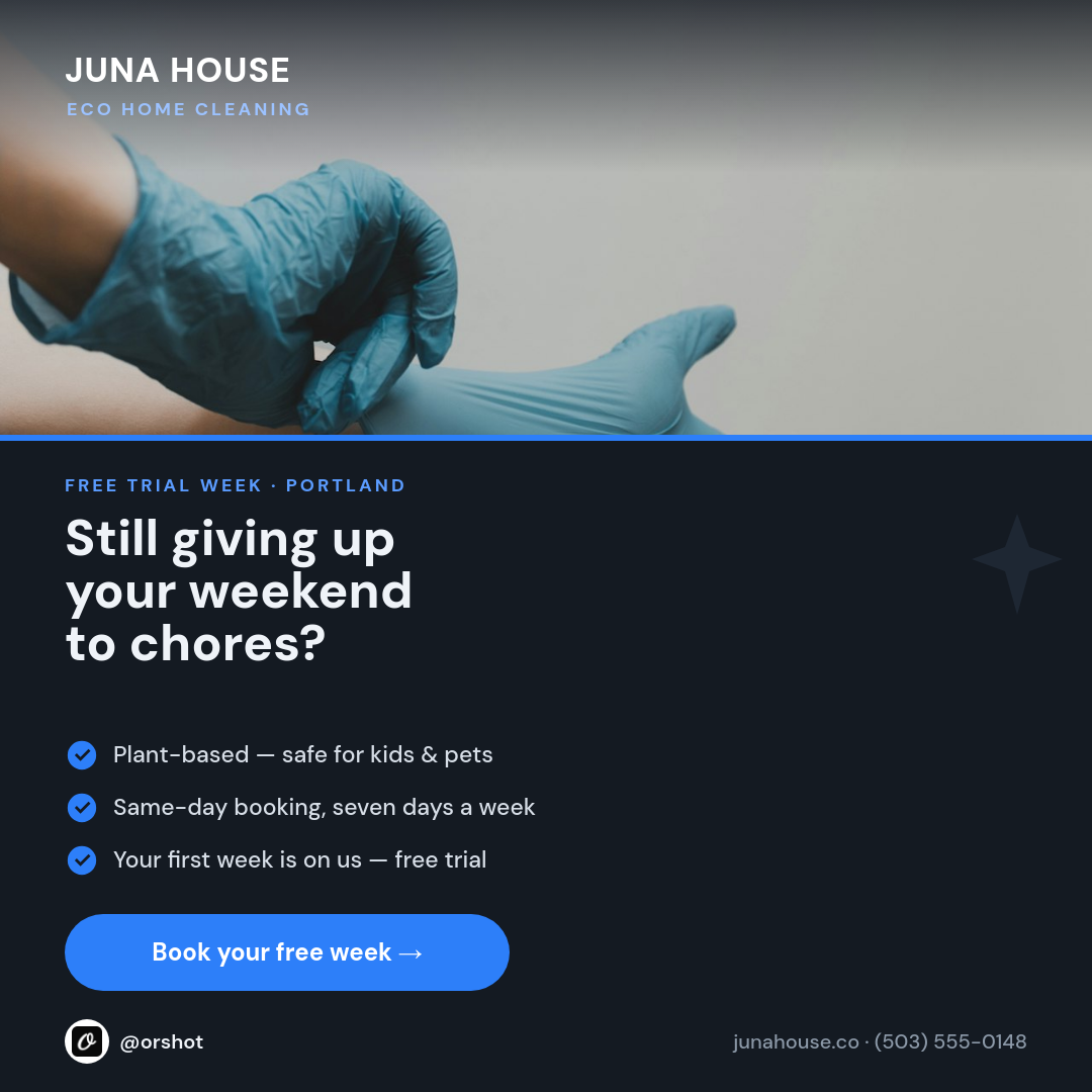 Charcoal Eco-Cleaning Service Ad — DM Sans Question Hook, Blue Check Rows & Free-Week CTA