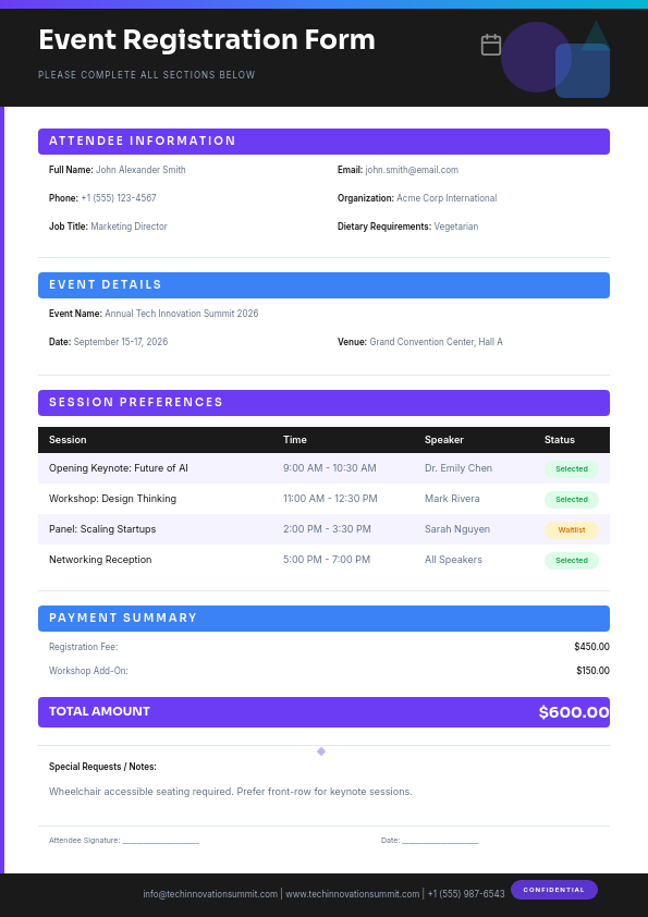 Professional Event Registration Form with Purple Geometric Accents and Structured Sections
