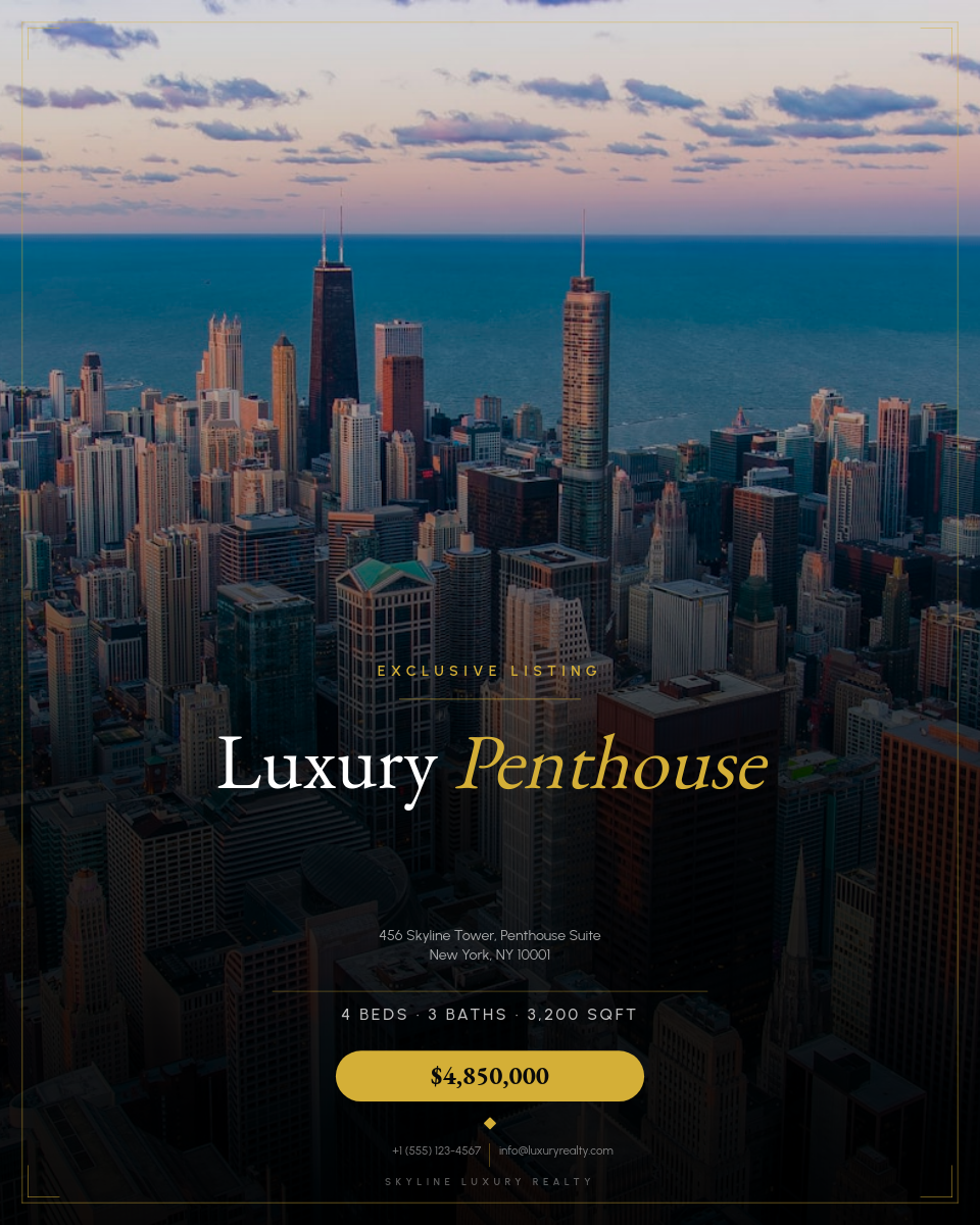 Luxury Penthouse Listing with Gold Inset Border on Night Skyline