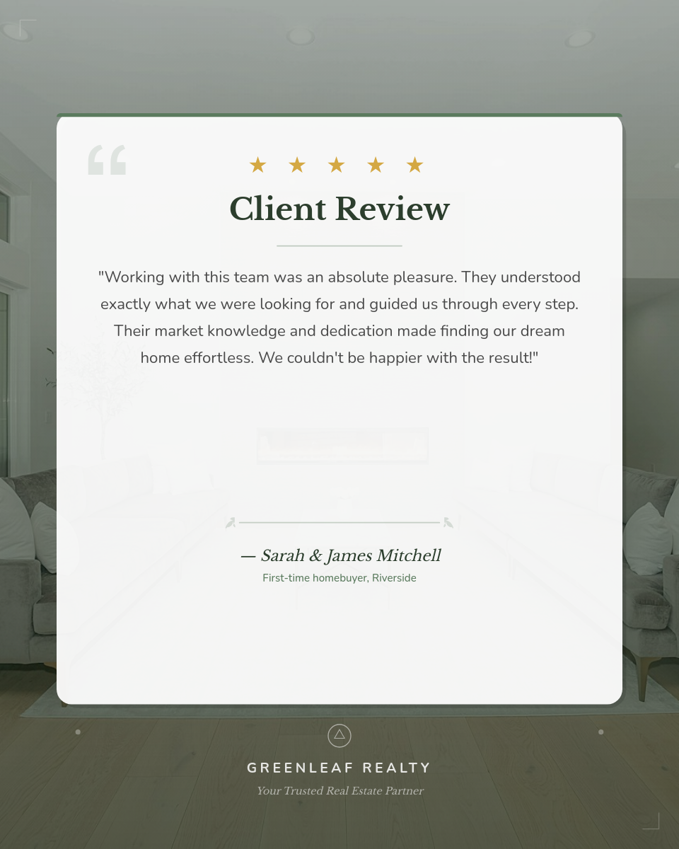 Warm Sage Client Testimonial Card with Star Rating and Property Background