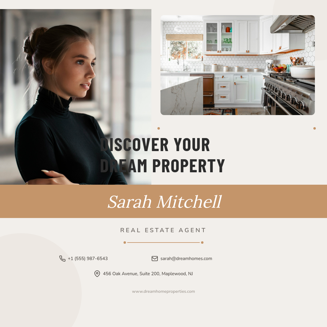 Warm Camel Agent Introduction with Interior Photo and Contact Icons