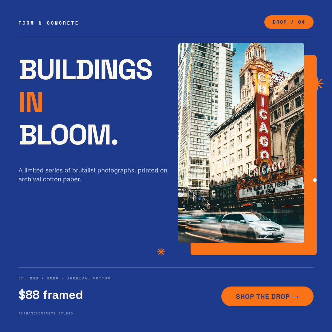 Bold Cobalt Architecture Print Drop Square Post with Tangerine Accent