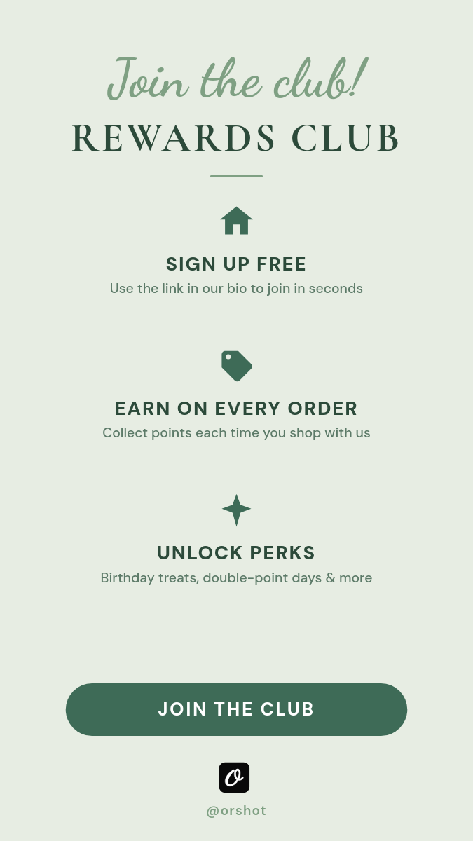 Sage Rewards Club Loyalty Story — Script Title + Three Icon Steps + CTA Pill