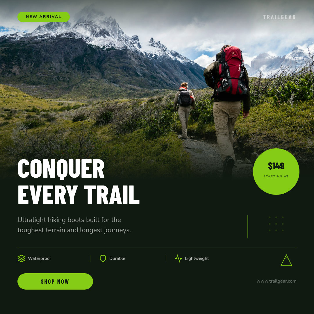 Bold Forest Green Hiking Gear Product Showcase with Mountain Photo and Lime Accents