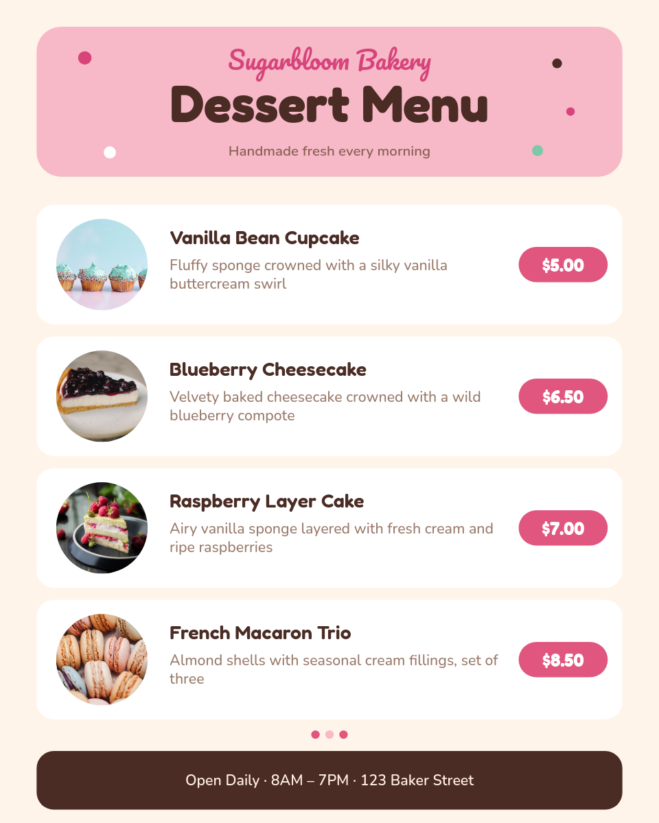 Sweet Pastel Dessert Menu Card with Pastry Photos
