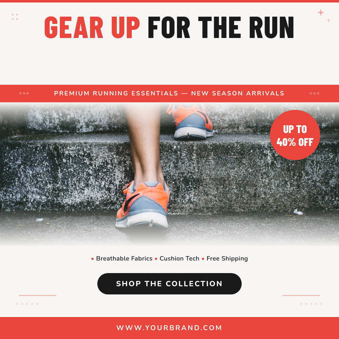 Bold Coral Running Gear Season Sale with Hero Photo and Accent Bars