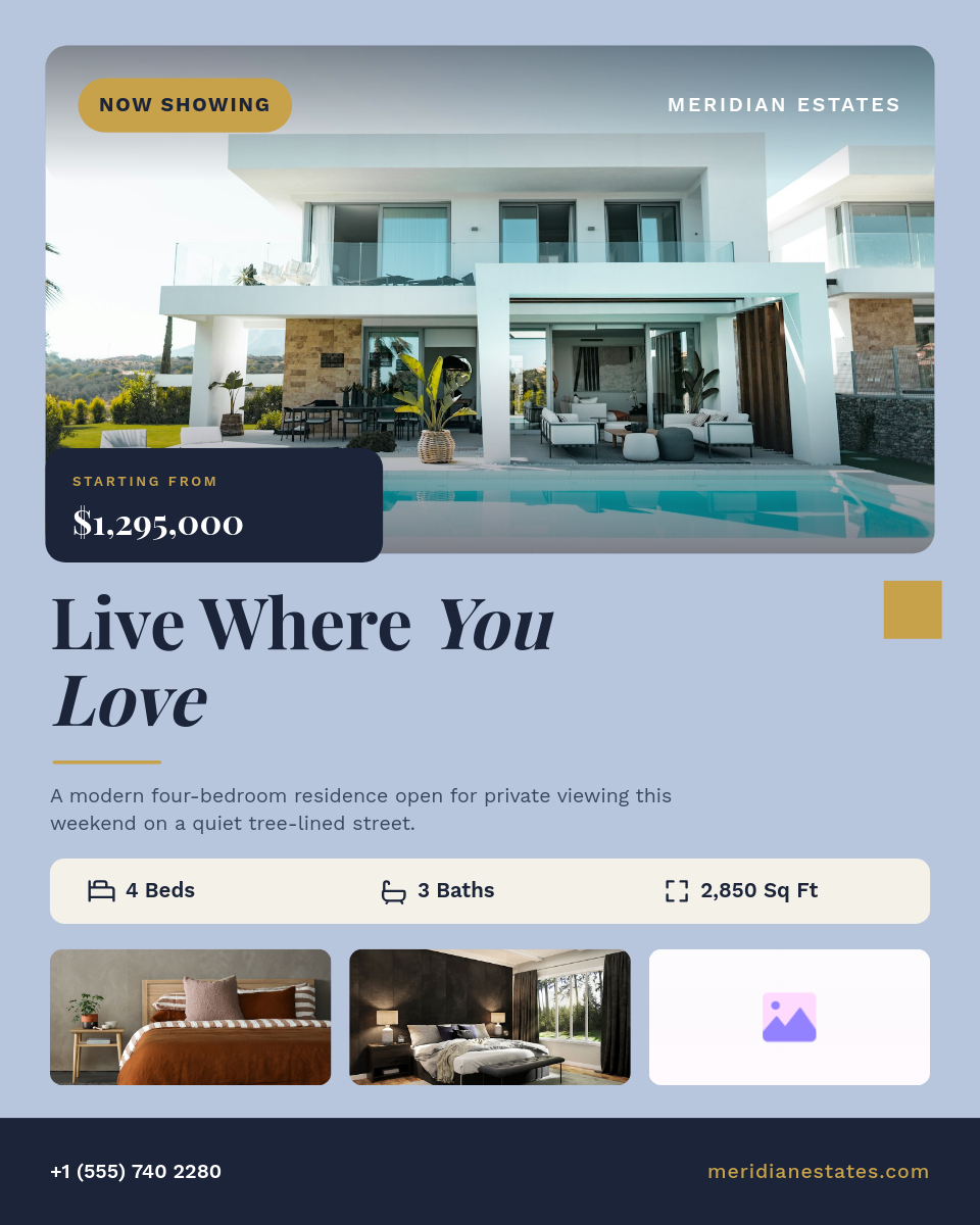 Periwinkle Blue-Grey and Brass Now Showing Modern Real Estate Listing Instagram 4:5 Post with Playfair Display Italic Headline, Hero Exterior Photo, Navy Price Badge, Bed-Bath-Area Spec Strip and Three Interior Thumbnails