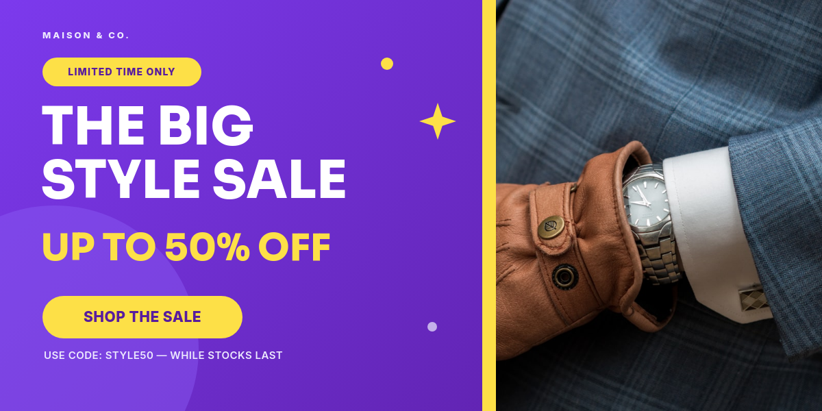Bold Violet Style Sale Email Banner with Menswear Photo