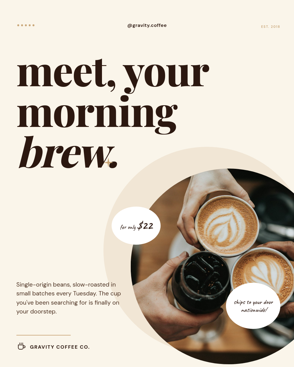 Editorial Cream Coffee Launch Instagram Ad with Italic Serif Display Headline and Handwritten Price Bubbles