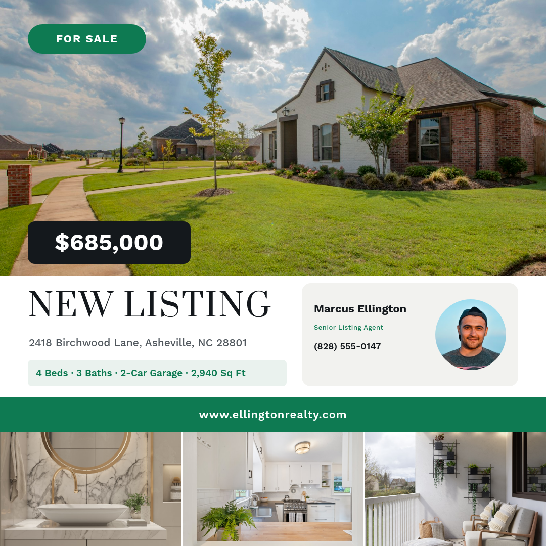 Emerald Just Listed Real Estate Post with Agent Card & Photo Grid