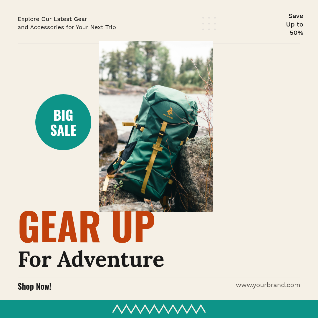 Bold Retro Outdoor Gear Sale with Giant Condensed Typography and Teal Badge