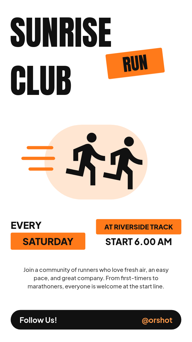Run Club Typographic Story — Bold Headline & Mascots, Black on Orange
