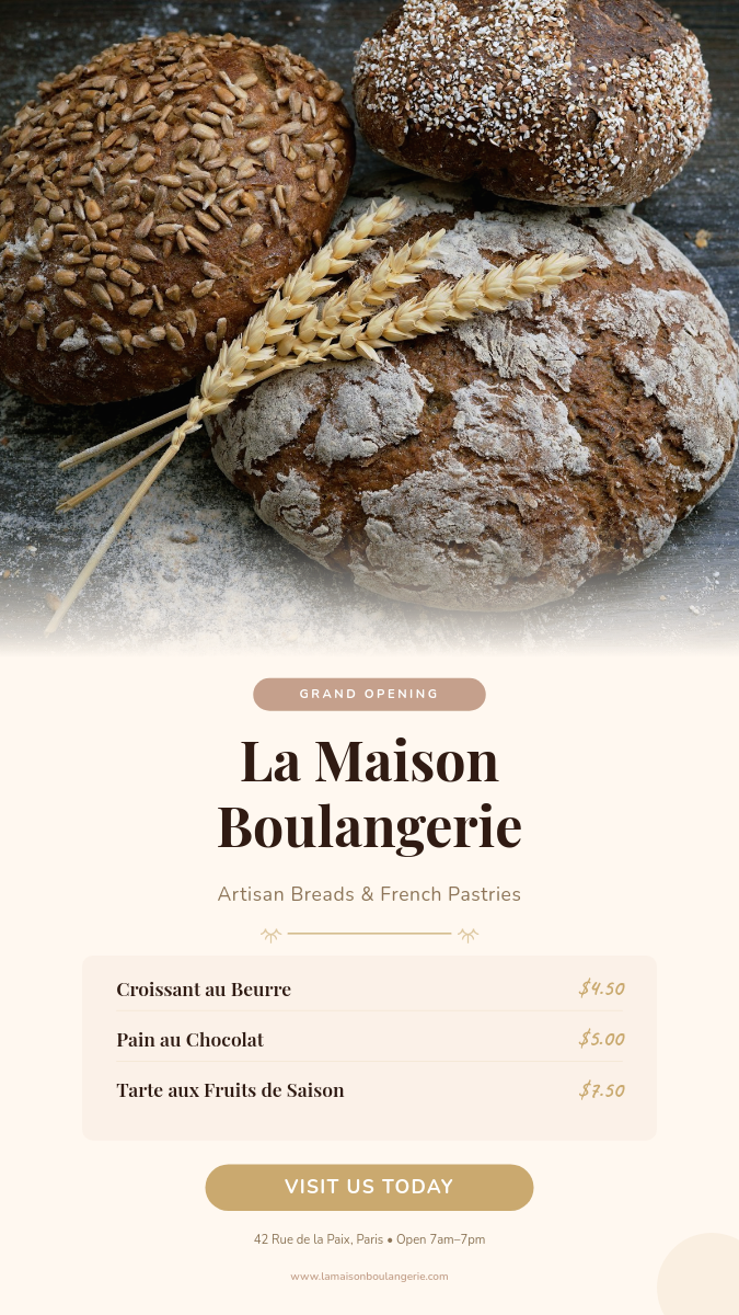 Artisan Bakery Grand Opening — Warm Cream & Espresso Elegant Story