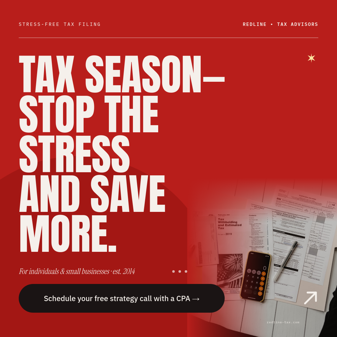 Crimson Red Tax Season CPA Service Ad with Giant Anton Stacked Headline and Calculator Photo Prop