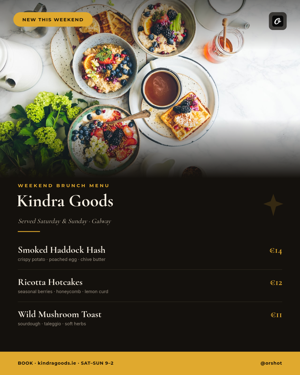 Dark Bistro-Board Weekend Brunch Menu — Photo Hero, Cormorant Serif & Amber Prices
