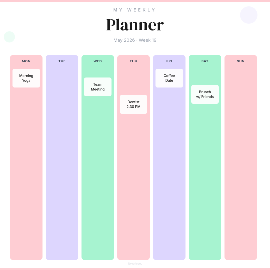 Pastel Weekly Planner Grid with Color-Coded Day Columns and Event Cards