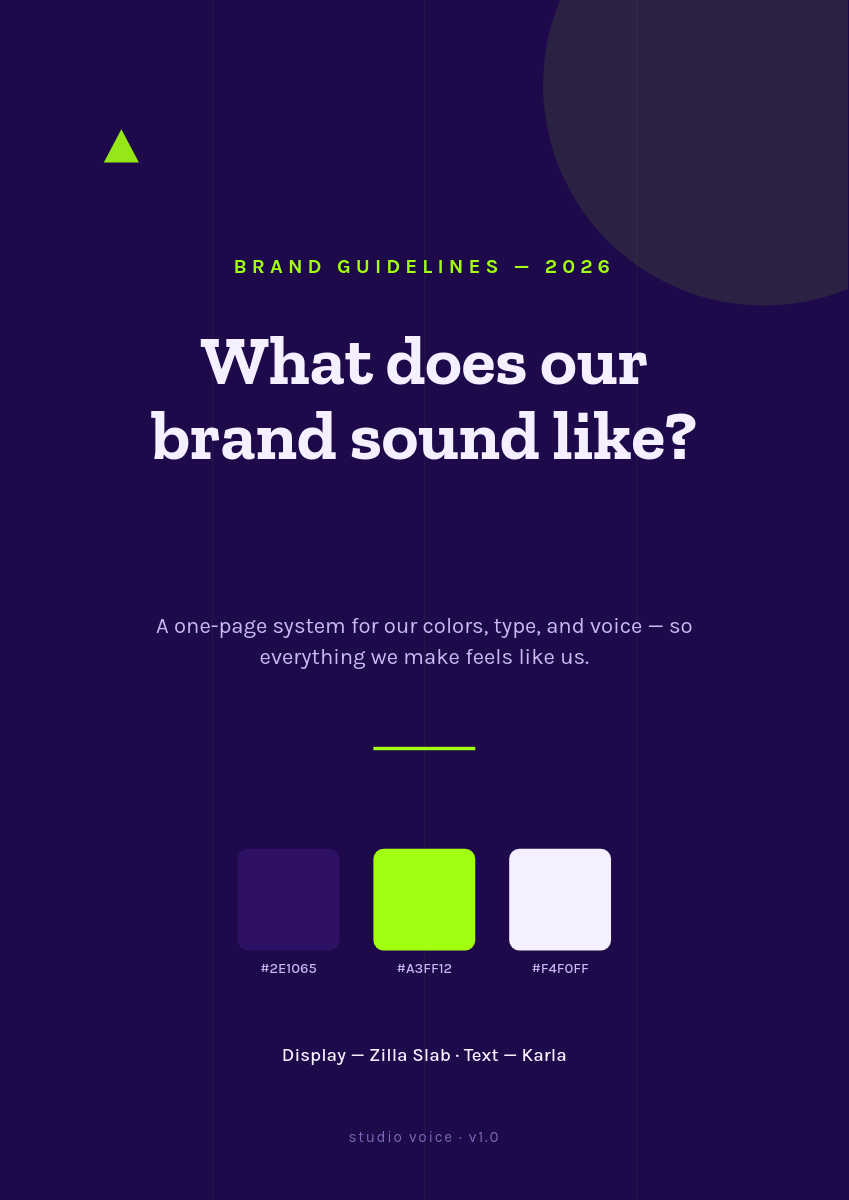 Brand Guidelines One-Pager — Deep Purple & Neon Green