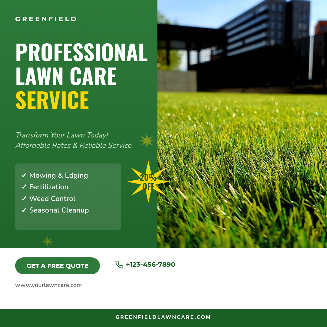 Bold Green Lawn Care Service Promo with Starburst Badge and Hero Photo Split