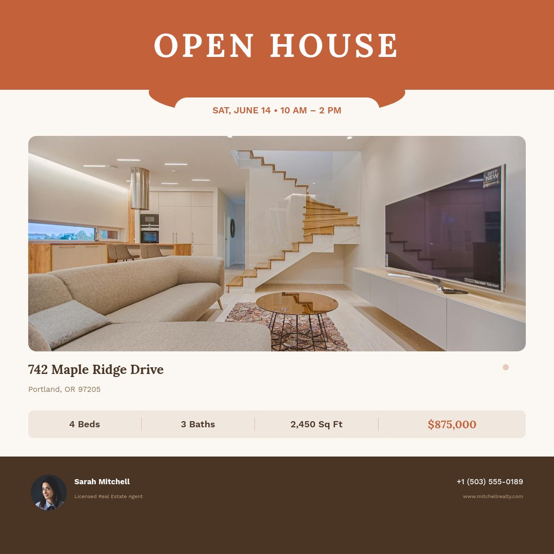 Warm Terracotta Open House Invite with Arched Header and Feature Specs Row