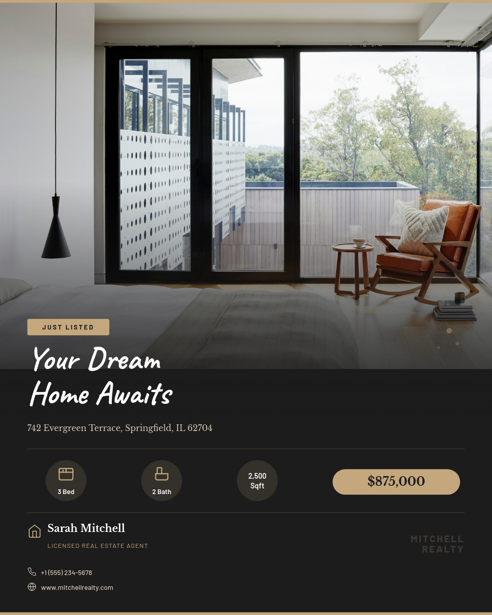 Warm Tan Just Listed Property Card with Script Headline and Circular Spec Badges