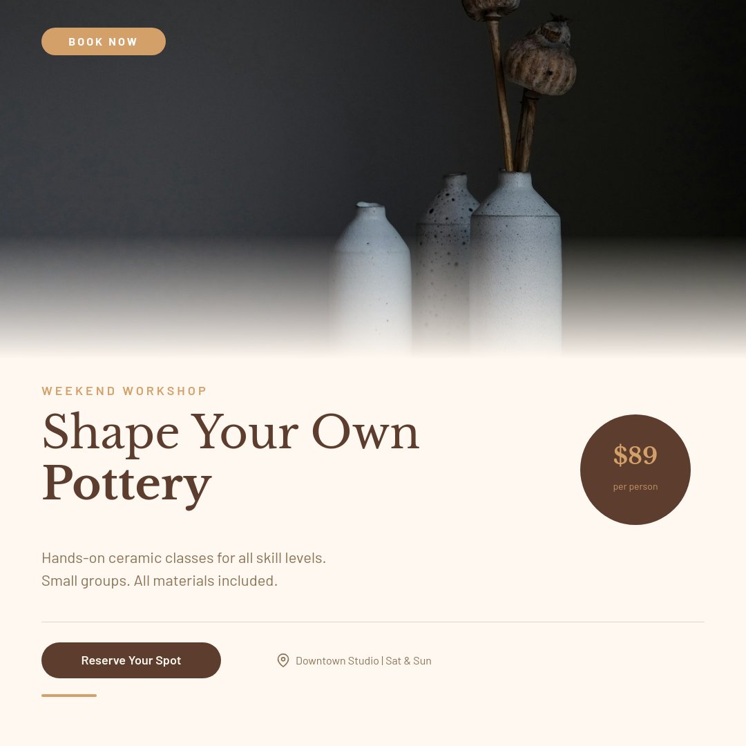 Warm Clay Artisan Pottery Workshop Booking Ad with Ochre Accents and Hands-On Photo