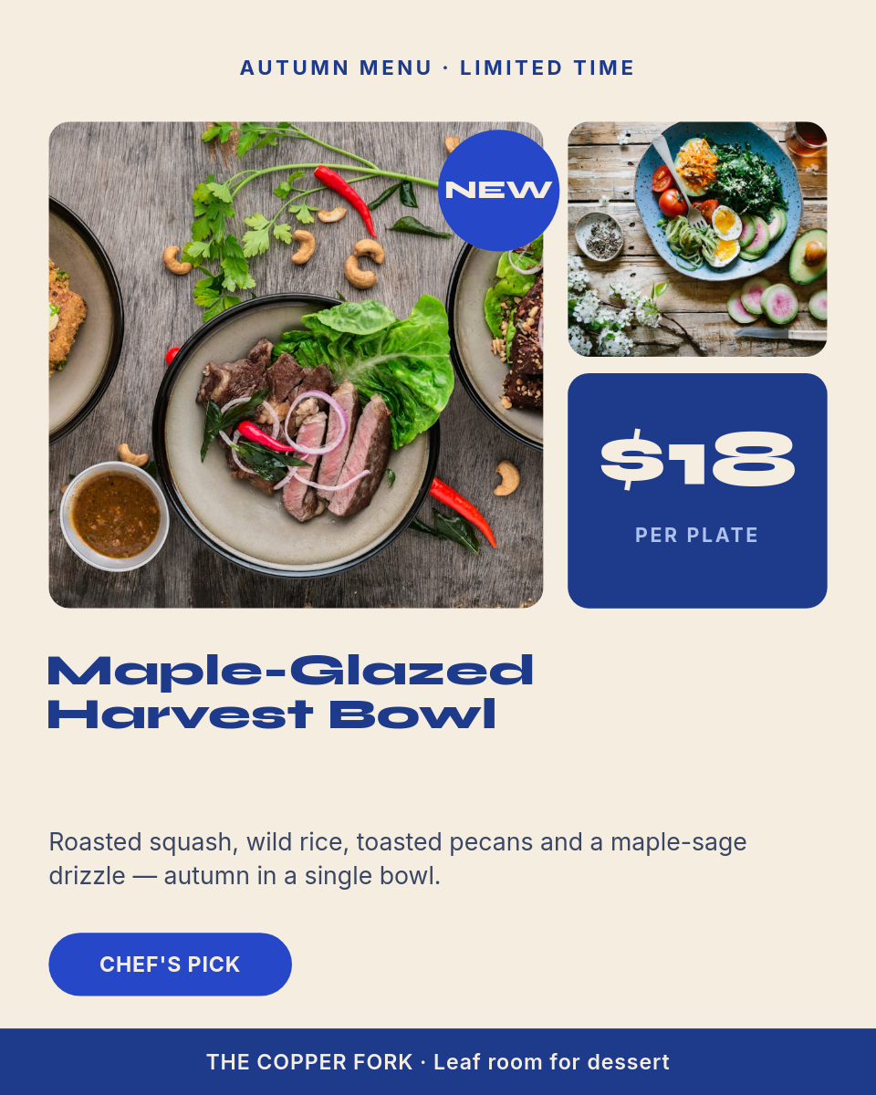 Playful Seasonal Dish Menu Card — Cream & Cobalt Mosaic